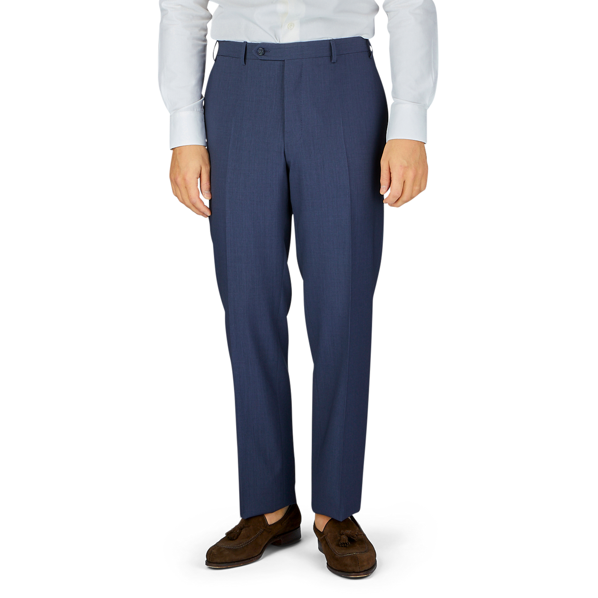 Man standing in navy Canali Slate Blue Semi-Plain Wool Flat Front Trousers paired with brown shoes.