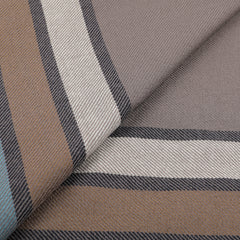 Close-up of a Teal Blue Brown Striped Wool Scarf by Canali, featuring intersecting lines in brown, blue, and beige tones.