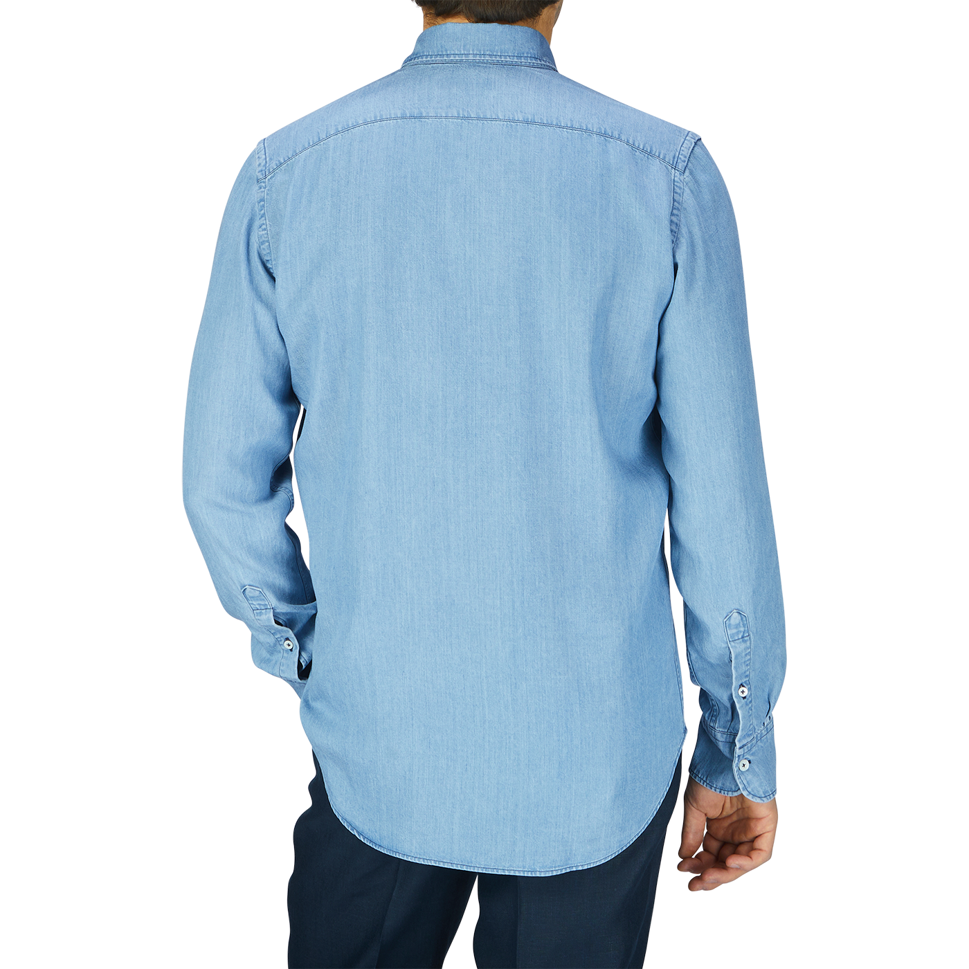 A man in a Canali Washed Blue Cotton Denim BD Casual Shirt is seen from behind.