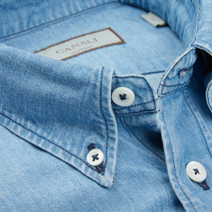 A close up of a Canali Washed Blue Cotton Denim BD Casual Shirt.