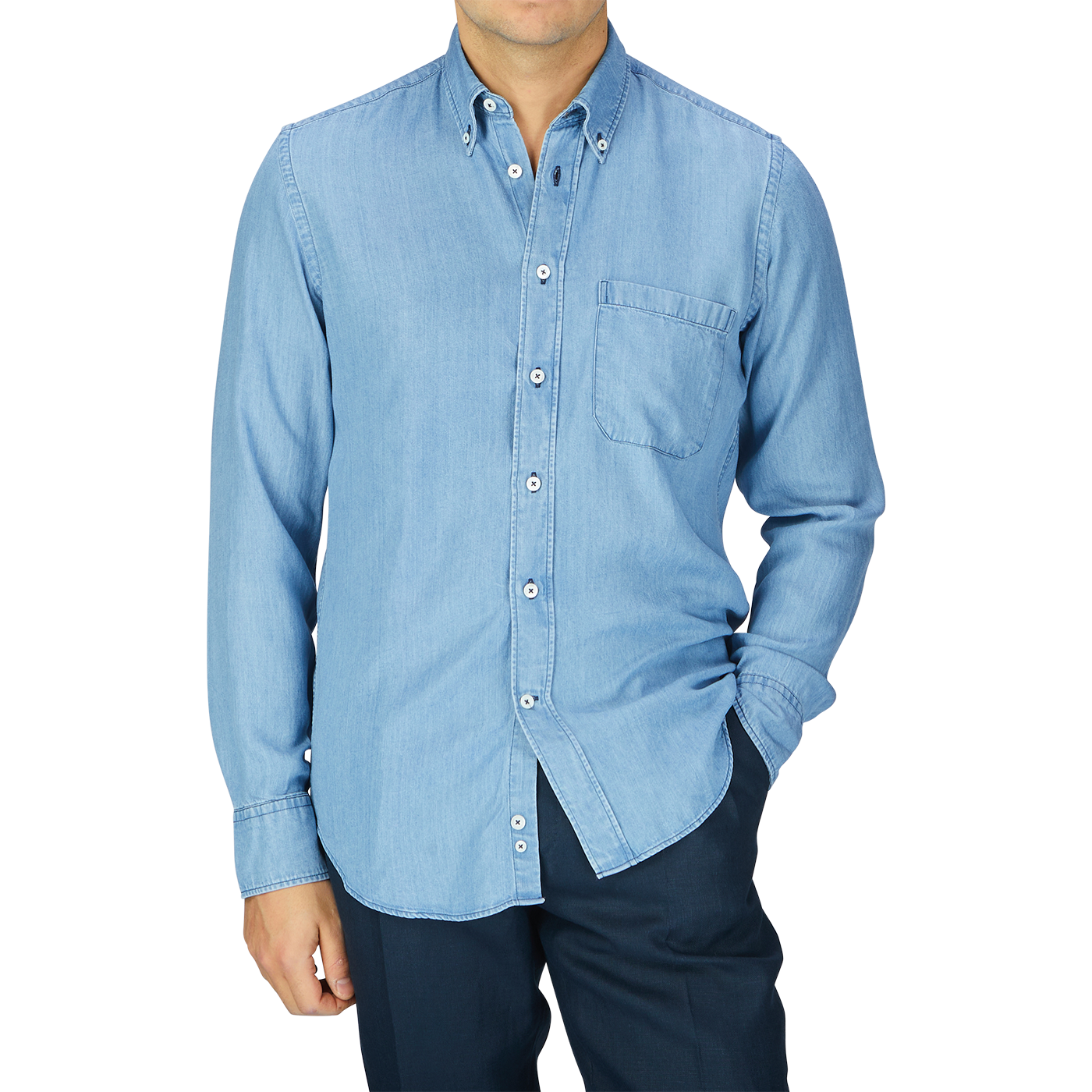 A man wearing a Washed Blue Cotton Denim BD Casual Shirt by Canali.