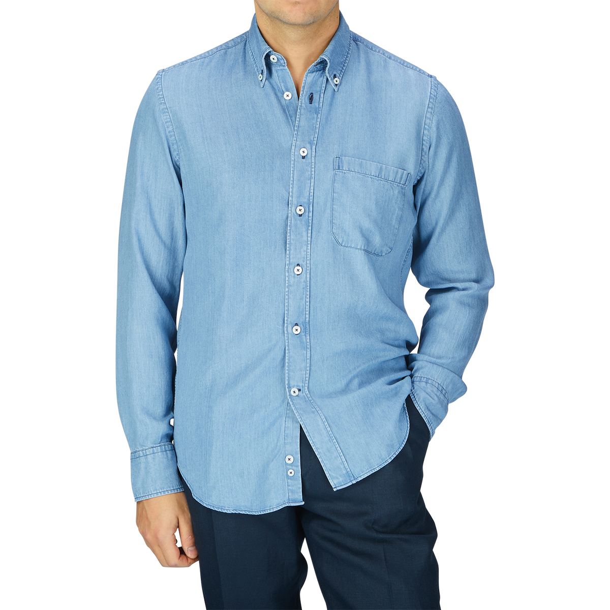 A man wearing a Washed Blue Cotton Denim BD Casual Shirt by Canali.