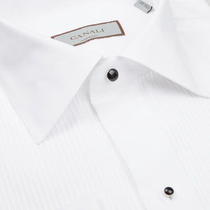 A close up of a Canali White Cotton Double Cuff Pleated Dress Shirt.