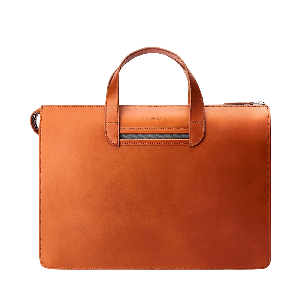 The Carl Friedrik Cognac Vachetta Leather Vallance Slim Briefcase is a streamlined accessory featuring a handle and zippered top closure, crafted from premium Italian vachetta leather against a plain background.