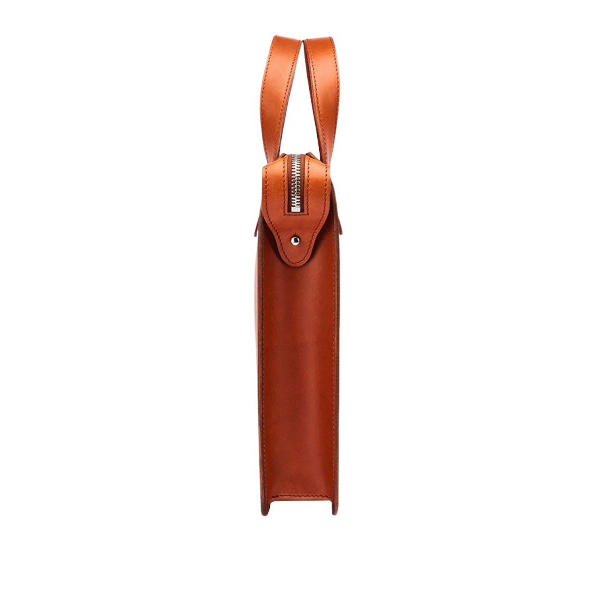 Side view of the Carl Friedrik Cognac Vachetta Leather Vallance Slim Briefcase crafted from Italian vachetta leather, featuring a zippered closure and a handle at the top for a minimalist design akin to a streamlined briefcase.