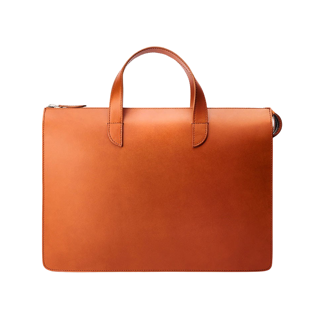 The Cognac Vachetta Leather Vallance Slim Briefcase by Carl Friedrik is a streamlined brown leather briefcase crafted from Italian vachetta leather. It features two handles and a zipper closure, showcasing a minimalist design that speaks to sophistication and functionality against a white background.