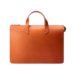 The Cognac Vachetta Leather Vallance Slim Briefcase by Carl Friedrik is a streamlined brown leather briefcase crafted from Italian vachetta leather. It features two handles and a zipper closure, showcasing a minimalist design that speaks to sophistication and functionality against a white background.