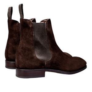 A pair of Dark Brown Suede Simpson Chelsea Boots with elastic side panels.