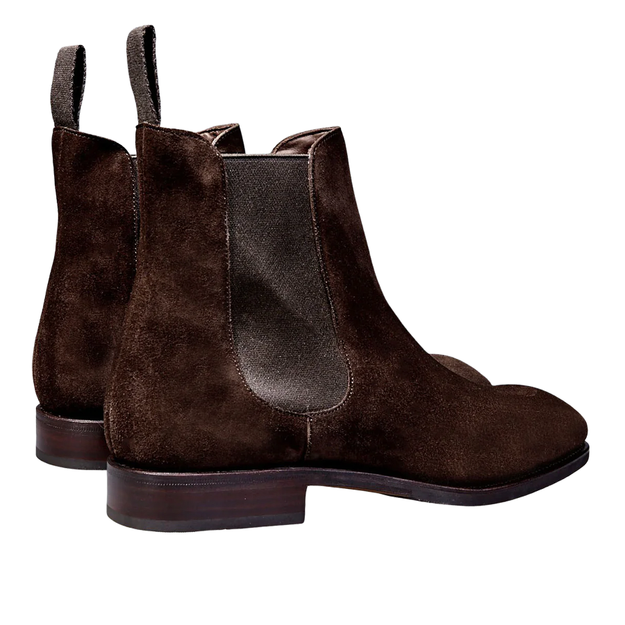 A pair of Dark Brown Suede Simpson Chelsea Boots with elastic side panels.