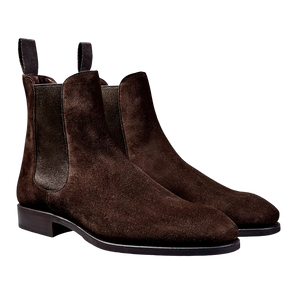 A pair of Dark Brown Suede Simpson Chelsea Boots with black elastic side panels by Carmina.