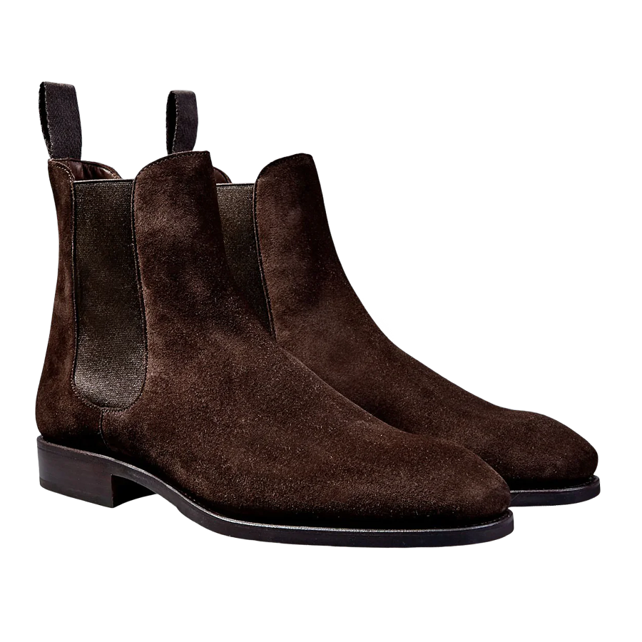 A pair of Dark Brown Suede Simpson Chelsea Boots with black elastic side panels by Carmina.