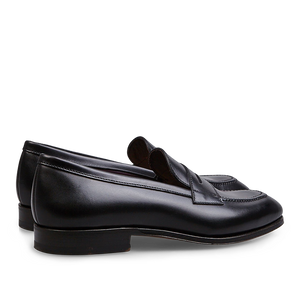 Black Calf Leather Uetam Penny Loafers by Carmina, with durable construction on a transparent background.