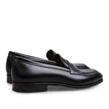 Black Calf Leather Uetam Penny Loafers by Carmina, with durable construction on a transparent background.