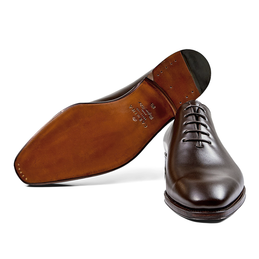 A single Carmina brown calf leather Rain wholecut oxford dress shoe with laces, viewed from a side angle.