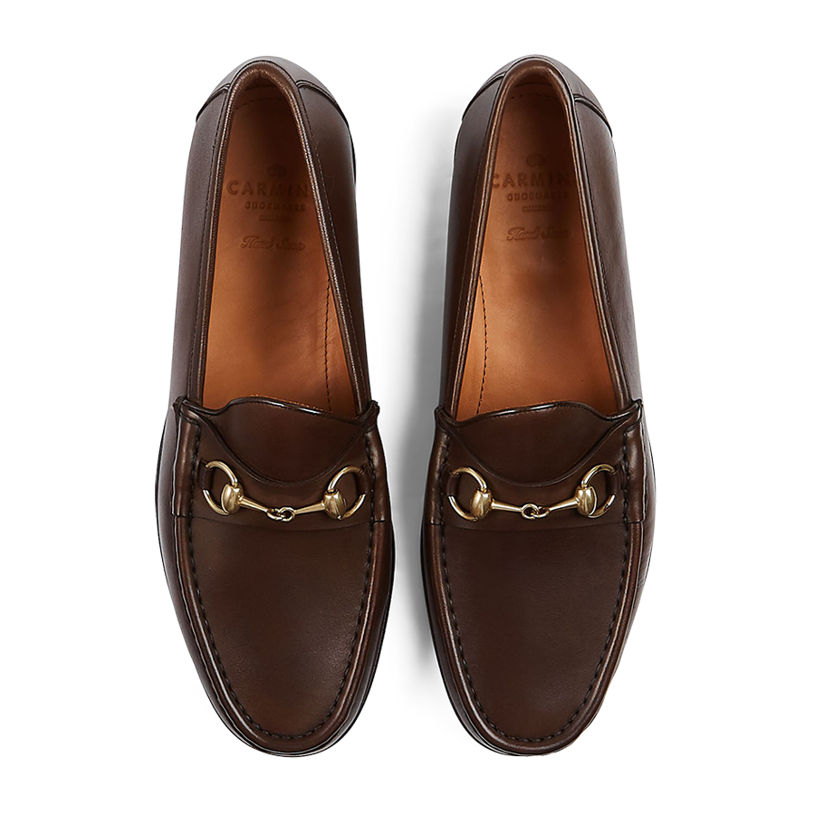 A pair of Brown Funchal Leather Xim Horsebit loafers, crafted by skilled craftsmen with metal horsebit detail, by Carmina.