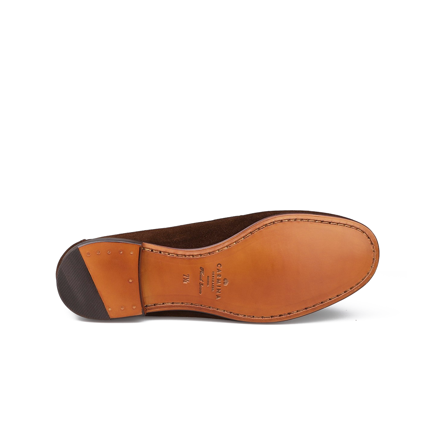 Carmina's Chocolate Repello Suede Xim Penny Loafers boast a smooth tan leather sole, dark heel, and brand and size markings. Crafted with Blake rapid construction, they combine durability and style.