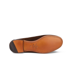 Carmina's Chocolate Repello Suede Xim Penny Loafers boast a smooth tan leather sole, dark heel, and brand and size markings. Crafted with Blake rapid construction, they combine durability and style.