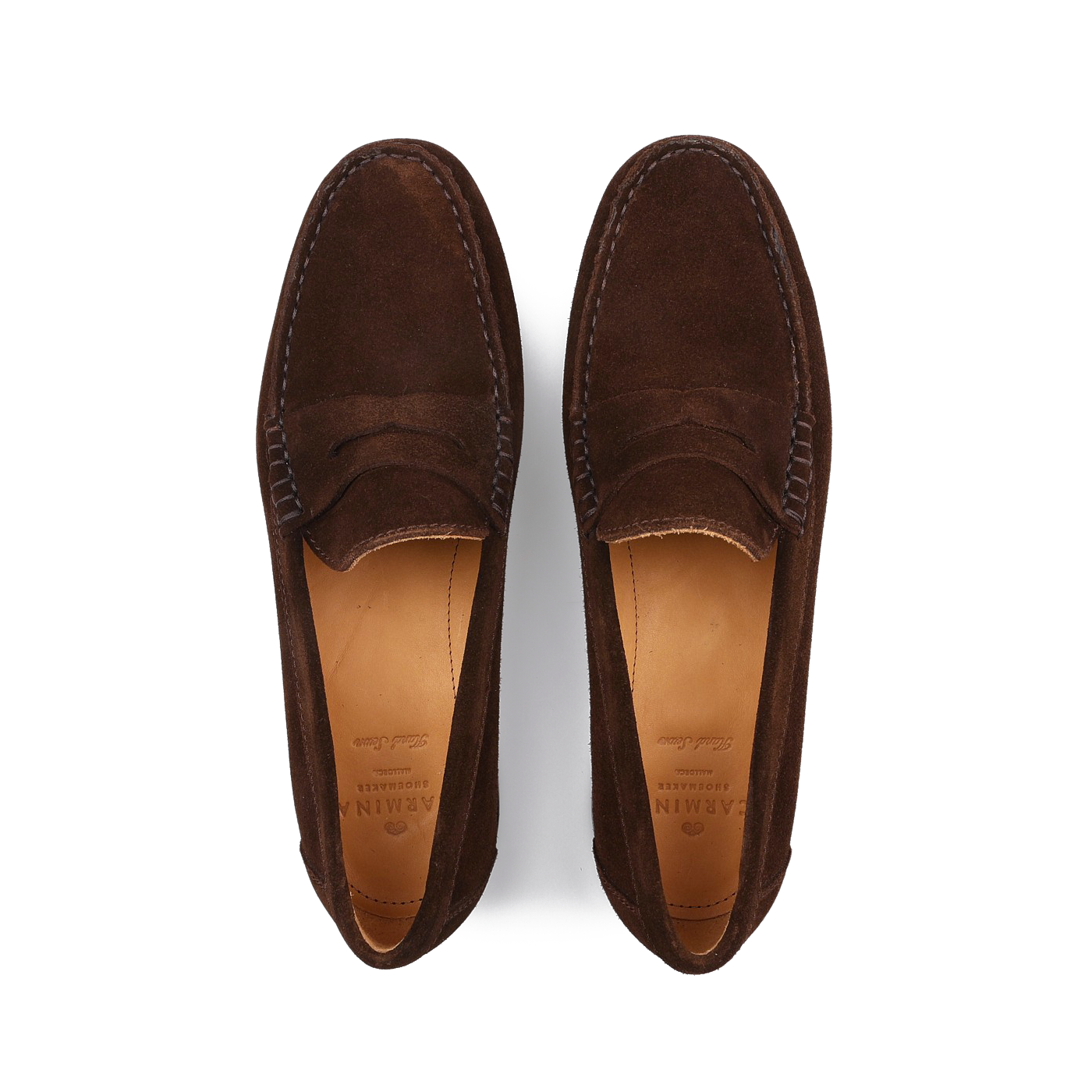 Aerial view of Carmina's Chocolate Repello Suede Xim Penny Loafers, featuring visible stitching and crafted via Blake rapid construction.