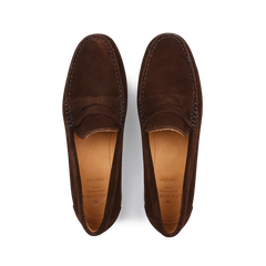 Aerial view of Carmina's Chocolate Repello Suede Xim Penny Loafers, featuring visible stitching and crafted via Blake rapid construction.