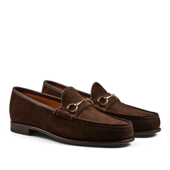 Pair of chocolate suede leather Xim horsebit loafers from Carmina.