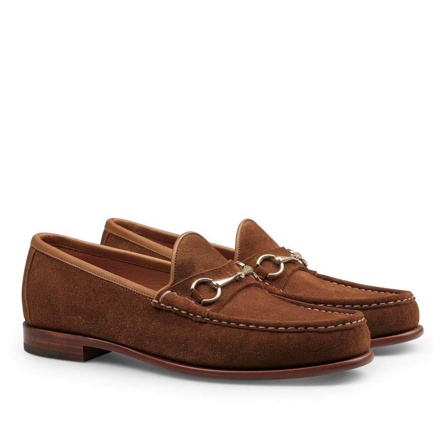 Experience the timeless elegance of Carmina's Tobacco Suede Leather Xim Horsebit Loafers, showcasing classic metal horsebit detailing.