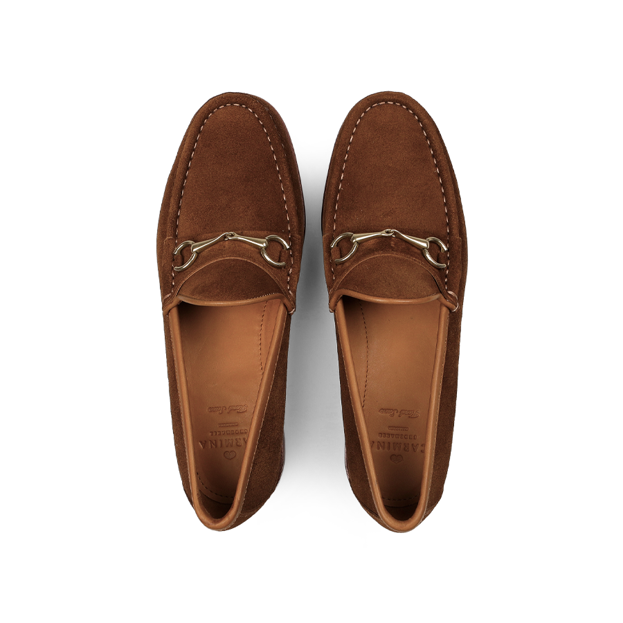 Tobacco suede leather Xim horsebit loafers by Carmina, featuring sleek metal buckles on top, viewed from above.