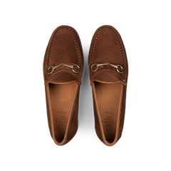 Tobacco suede leather Xim horsebit loafers by Carmina, featuring sleek metal buckles on top, viewed from above.