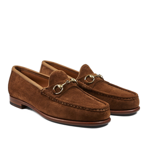 A pair of Tobacco Suede Leather Xim Horsebit loafers from Carmina.