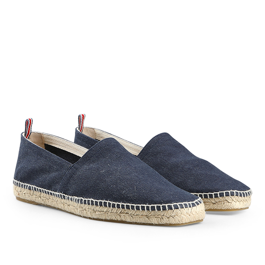 Castañer's Azul Oxford Cotton Pablo Espadrilles are a summer classic with a cotton upper, jute soles, and a red and white heel tag.