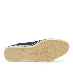 The image showcases the durable rubber sole of a dark blue cotton canvas Nacho espadrille by Castañer, featuring "Creation" inscribed in cursive and size "42" near the heel.