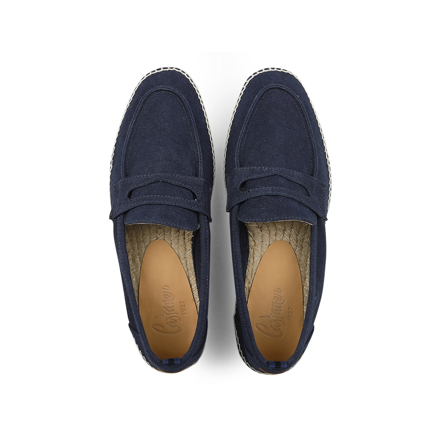 Top view of Castañer's Dark Blue Cotton Canvas Nacho Espadrilles featuring navy suede, tan insoles, white stitched detailing, and a durable rubber sole.