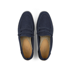 Top view of Castañer's Dark Blue Cotton Canvas Nacho Espadrilles featuring navy suede, tan insoles, white stitched detailing, and a durable rubber sole.