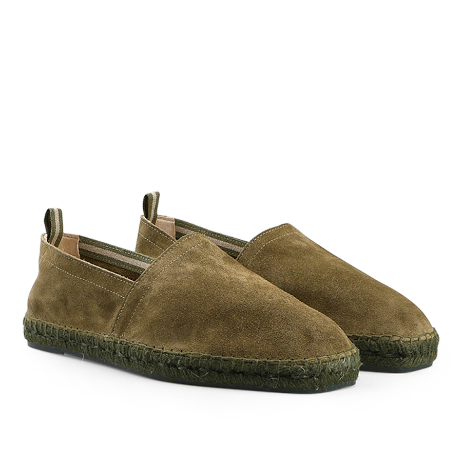 Dark Green Suede Leather Pablo Espadrilles from Castañer feature suede leather uppers, natural jute braided soles, and convenient pull tabs at the heel.