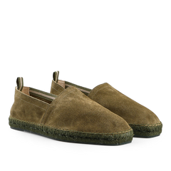 Dark Green Suede Leather Pablo Espadrilles from Castañer feature suede leather uppers, natural jute braided soles, and convenient pull tabs at the heel.