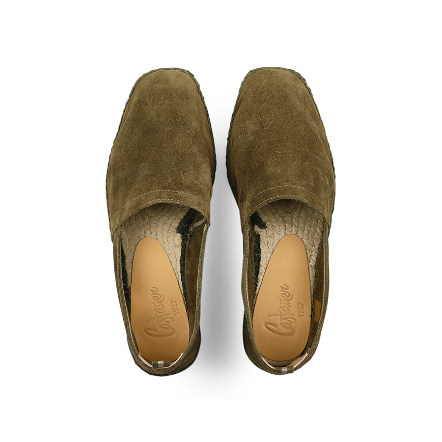 Castañer Dark Green Suede Leather Pablo Espadrilles with tan insoles, viewed from above.