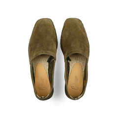 Castañer Dark Green Suede Leather Pablo Espadrilles with tan insoles, viewed from above.