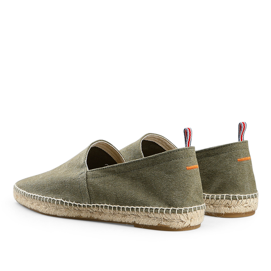 Castañer's Olive Green Cotton Canvas Pablo Espadrilles feature beige soles and tricolor heel tabs, crafted from cotton and natural jute, shown from back and side angles.