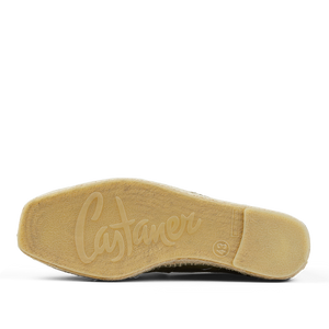 The back of an Olive Green Cotton Canvas Pablo Espadrille with the word Castañer on it.