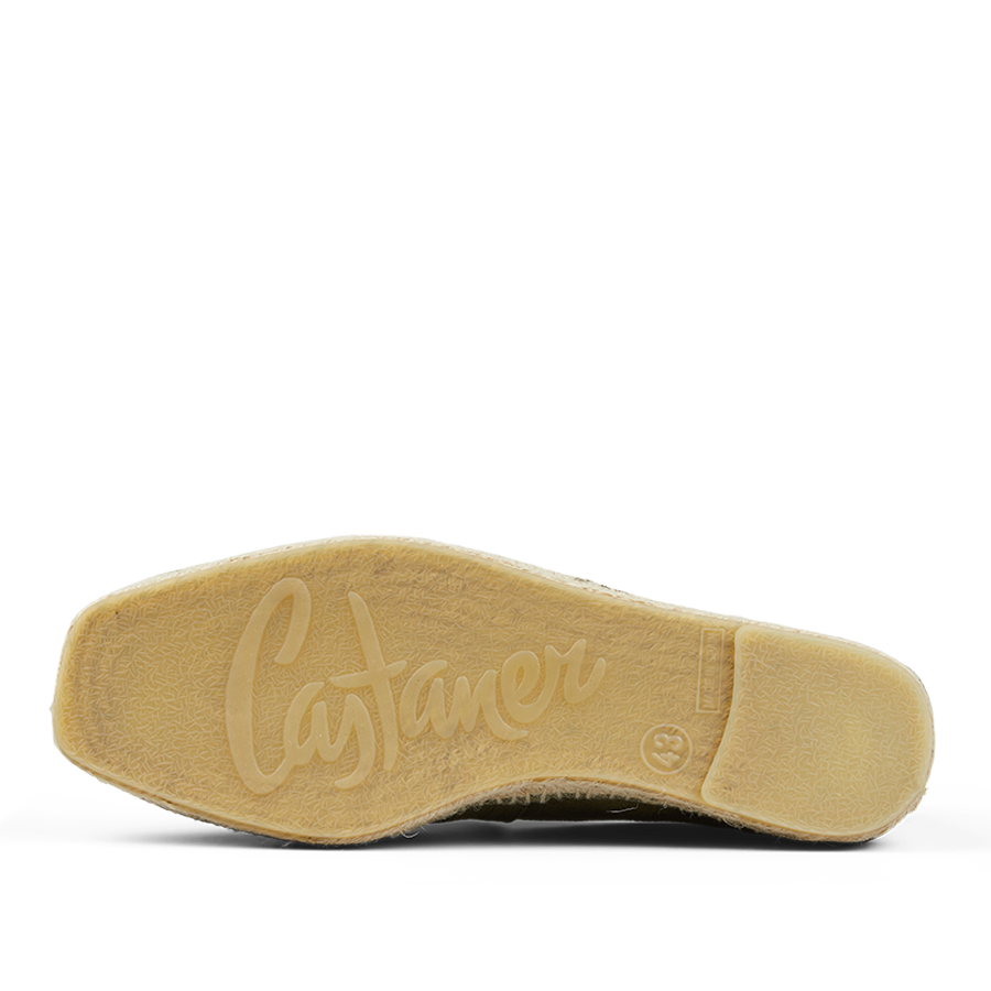 The back of an Olive Green Cotton Canvas Pablo Espadrille with the word Castañer on it.