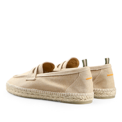 Sand Beige Cotton Canvas Nacho Espadrilles by Castañer, crafted from cotton canvas with woven soles and green heel tabs, viewed from the back.