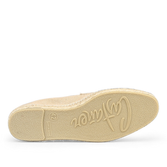 The image displays the sole of the Sand Beige Cotton Canvas Nacho Espadrilles by Castañer, featuring a textured pattern and brand embossing. The durable rubber sole complements the casual design, with a size indicated as "42".