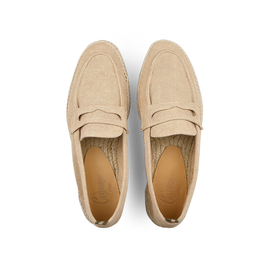 Top view of Sand Beige Cotton Canvas Nacho Espadrilles by Castañer featuring textured durable rubber soles and decorative front straps.