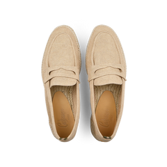 Top view of Sand Beige Cotton Canvas Nacho Espadrilles by Castañer featuring textured durable rubber soles and decorative front straps.