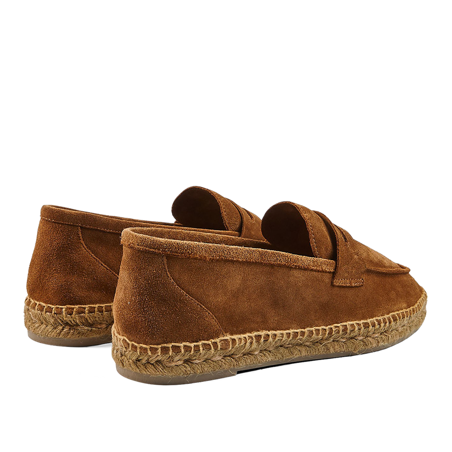 A pair of brown soft suede Castañer espadrille slippers on a neutral background.