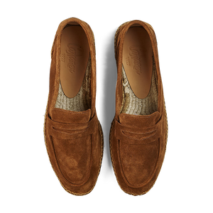 A pair of Castañer Tobacco Suede Nacho Casual Loafers on a striped background.