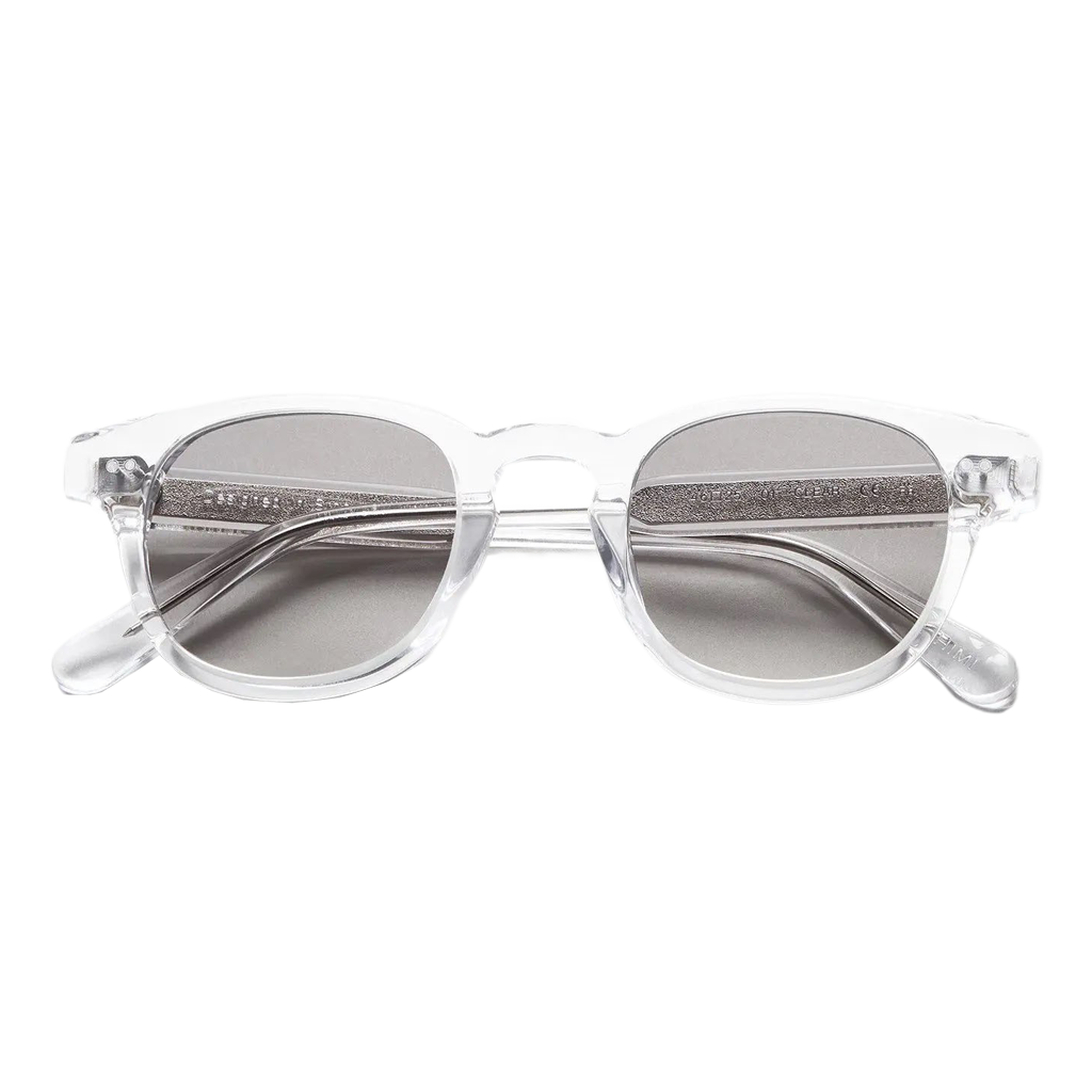 A pair of Chimi Model 01 Clear Frames 46mm transparent glasses with Italian acetate frames on a white background.