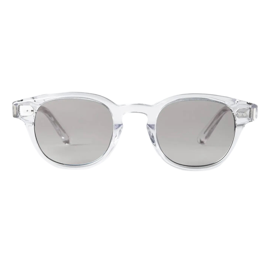 A pair of Model 01 Clear Frames 46mm glasses made from Italian acetate, featuring blue block lenses, showcased on a white background. (Brand: Chimi)