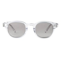 A pair of Model 01 Clear Frames 46mm glasses made from Italian acetate, featuring blue block lenses, showcased on a white background. (Brand: Chimi)