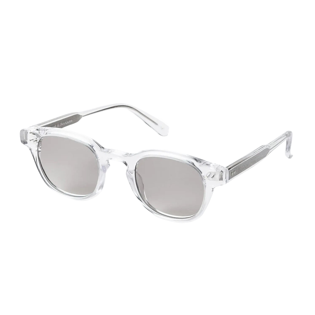 A pair of Model 01 Clear Frames 46mm glasses with blue block lenses on a white background. (brand: Chimi)