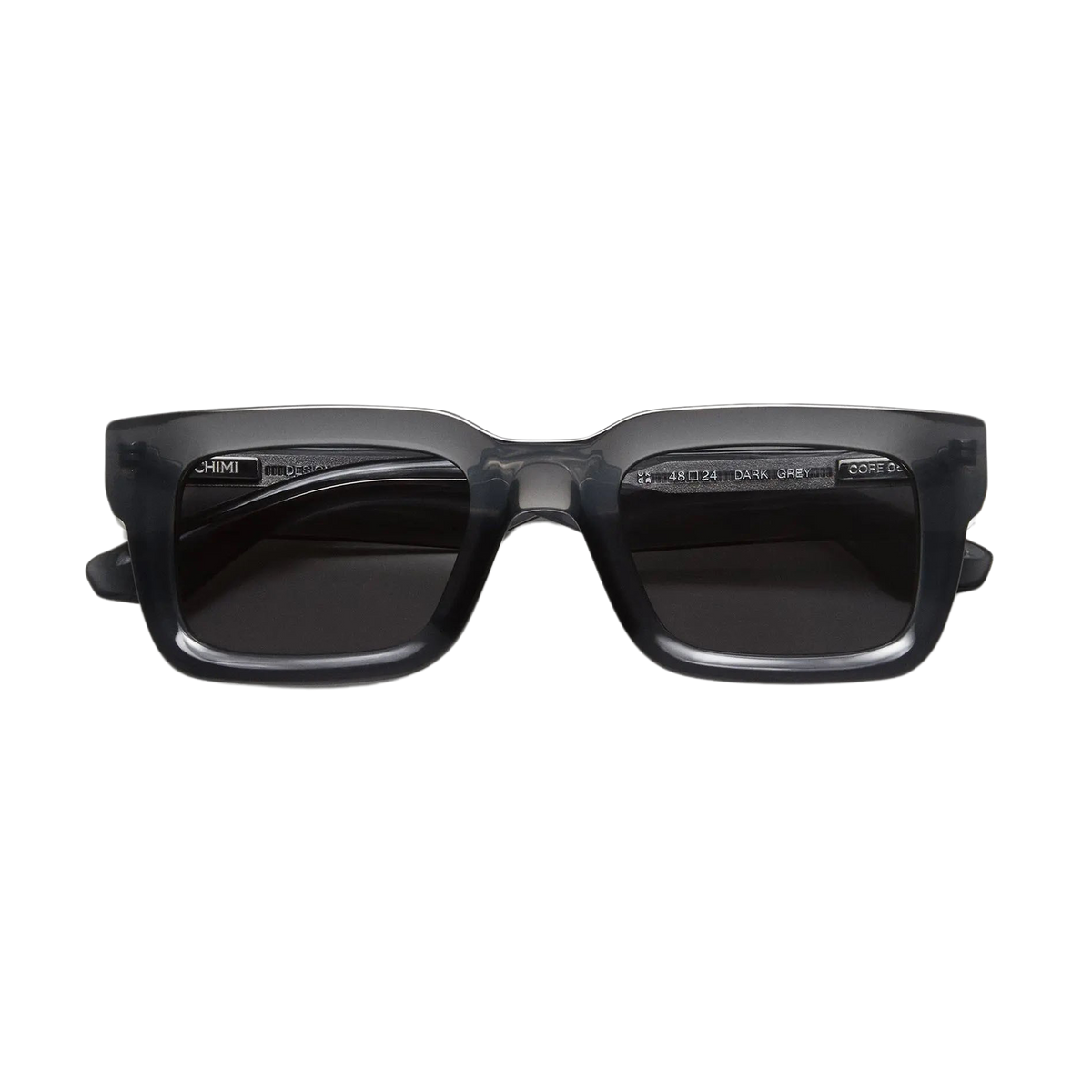 Chimi Model 05 Dark Grey Gradient Lenses Sunglasses 48mm with square frames, featuring gradient black CR-39 lenses on a white background.